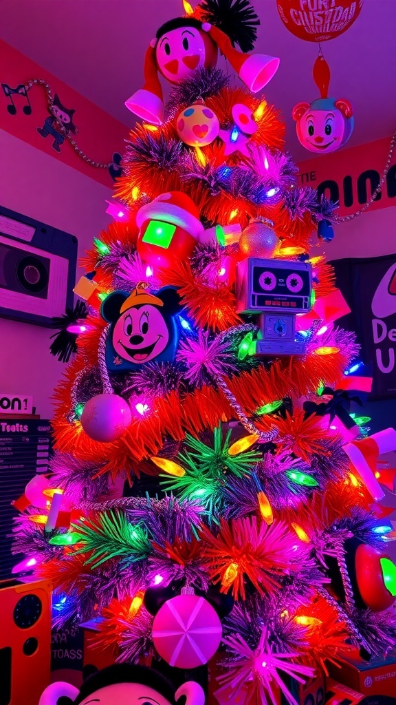 90s Inspired Christmas Tree Decoration Ideas A colorful 90s inspired Christmas tree with tinsel, cartoon ornaments, and nostalgic decorations.